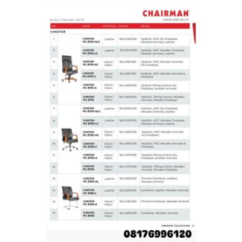 Kursi Kantor Chairman CHESTER PC 8710 ALC 8710 LC 8710 C 8710 A 8710 8730 ALC 8730 LC 8730 AC 8730 C 8730 A 8730 8750 AL 8750 L 8750 A 8750