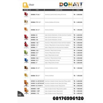 Kursi Kantor Donati BOMBA P 3 AL P V1- C V3- C S I S II S III 1 AL 1 C 1 2 AL 2 C 2 3 AL 3 C 3 V1- C V3- C & BORNEO 1 AL HDT/WD HDT 1 AL TC/WD TC 1 HDT 1 TC