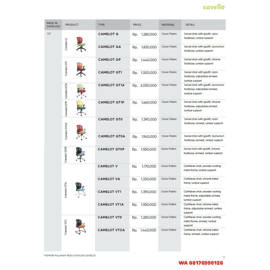 Kursi Kantor Savello CAMELOT G GA GP GT1 GT1A GT1P GTO GTOA GTOP V VA VT1 VT1A VTO VTOA