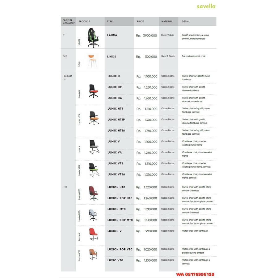Kursi Kantor Savello LAUDA, LINOS, LUMIX H HP HA HT1 HT1P HT1A V VA VT1 VT1A, LUXION HTO POP HTO MTO POP MTO V POP VTO LUXIO VTO