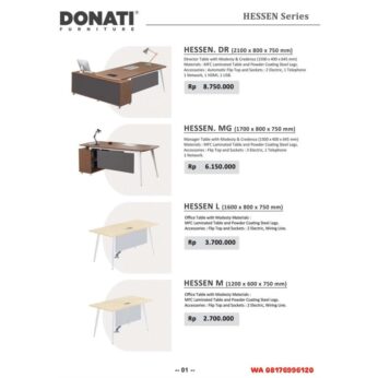 Meja Kantor Donati HESSEN. DR, MG, L, M, WS FIX 2P, WS 2P, WS 4P, WS 6P, MT 1, MT 2