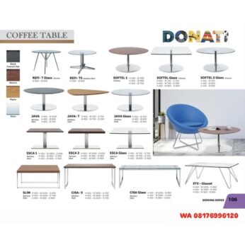 Meja Kopi Kantor Donati REFI- T Glass TS, SOFTEL 1 2 Glass, JAVA- T Glass, ESCA 1 2 Glass, SLIM, CISA- X Glass, STX – Glazed